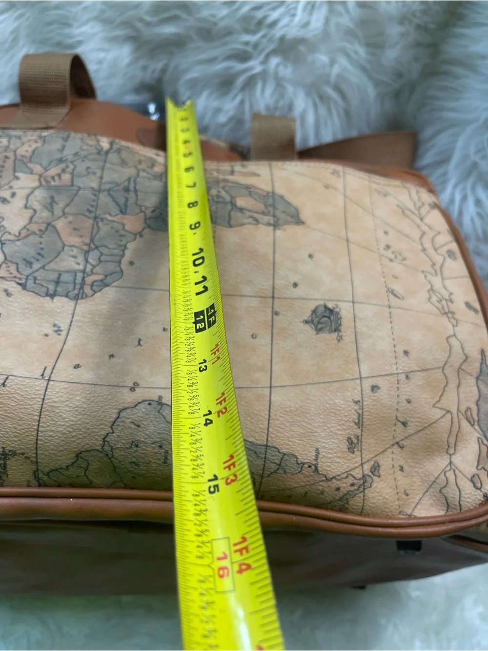 Vintage Europac world Map Travel Duffel Bag synthetic leather tan , brown trim.